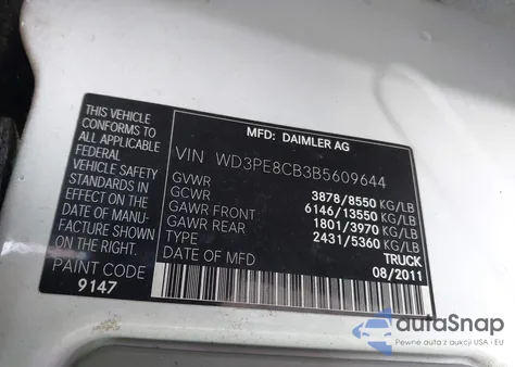 2011 Mercedes-Benz Sprinter 2500 High Roof from USA, damaged, VIN WD3PE8CB3B5609644